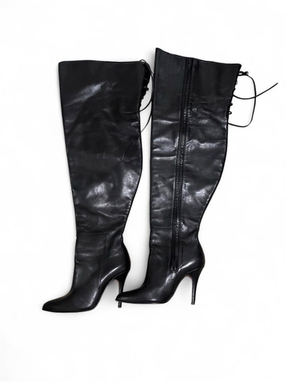 Jean Gaborit Paris Black Leather Lace Back Over the Knee Boots EU 38.5